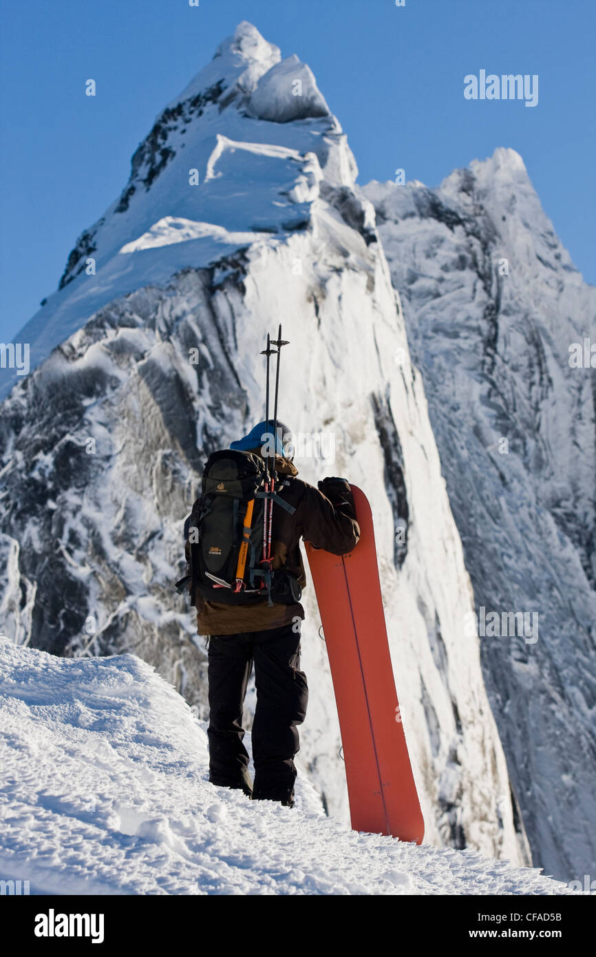 A splitboarder enjoying the big mountain scenery in Fairy Meadows ...