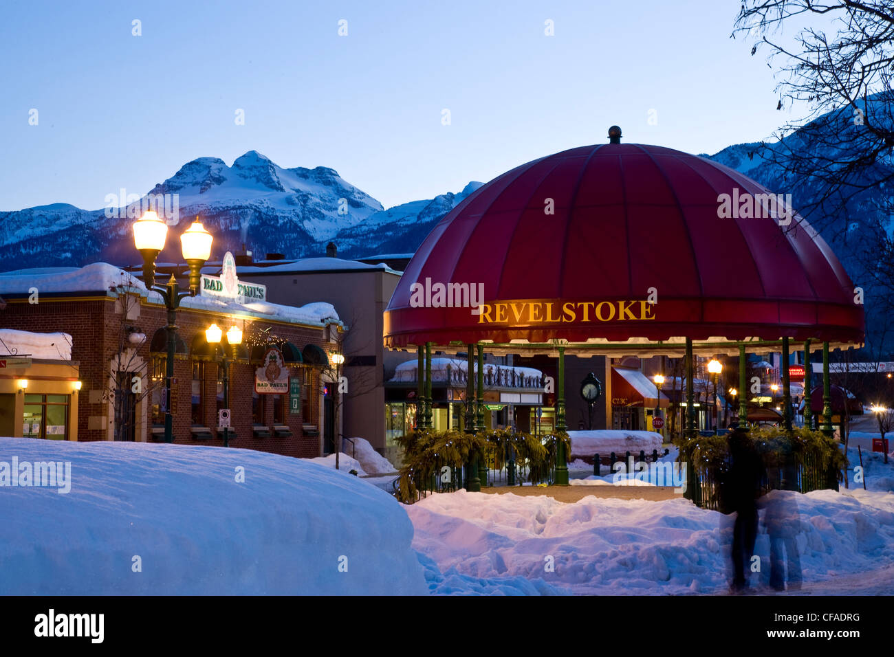 Evening in downtown Revelstoke in middle of winter, Revelstoke, BC