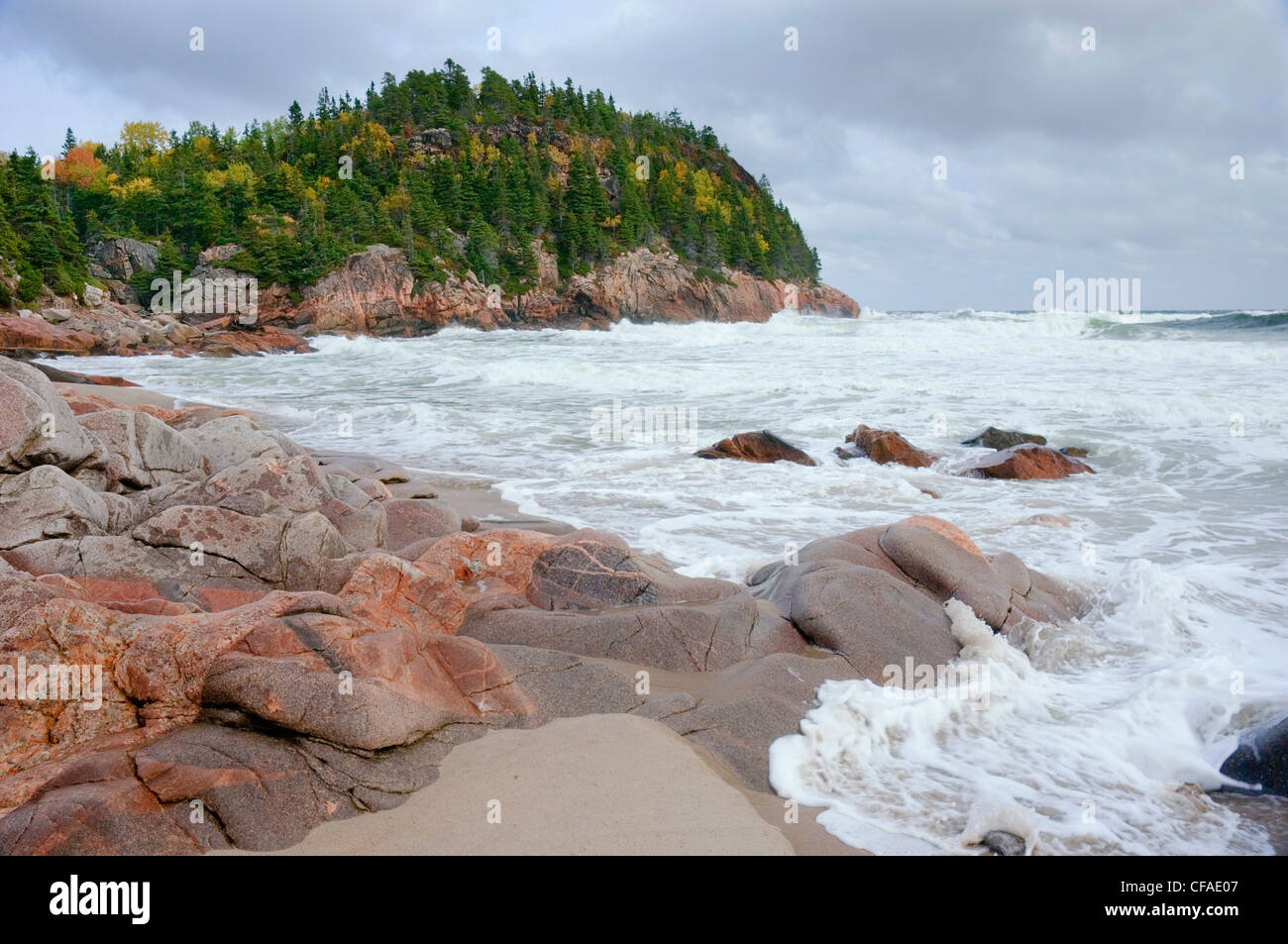 Atlantic Ocean storm waves crash onto Black Brook Beach. Cape Breton Highlands National Park, Nova Scotia. Canada. Stock Photo