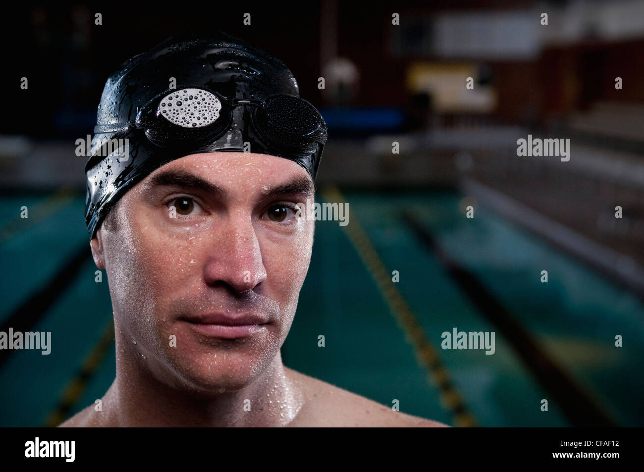 Swimmer wearing cap and goggles Stock Photo