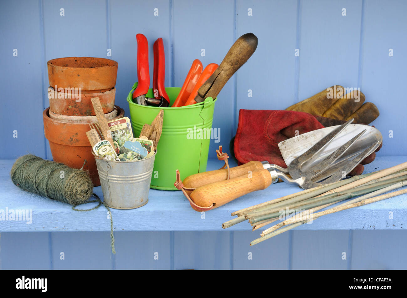 Springtime potting shed scene with shelf containing colourful garden buckets and gardening bits and pieces. Stock Photo
