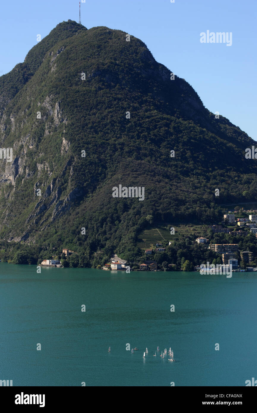 Switzerland, Europe, Ticino, Lugano, San Salvatore, mountain, boats, Lake Lugano, lake, Stock Photo