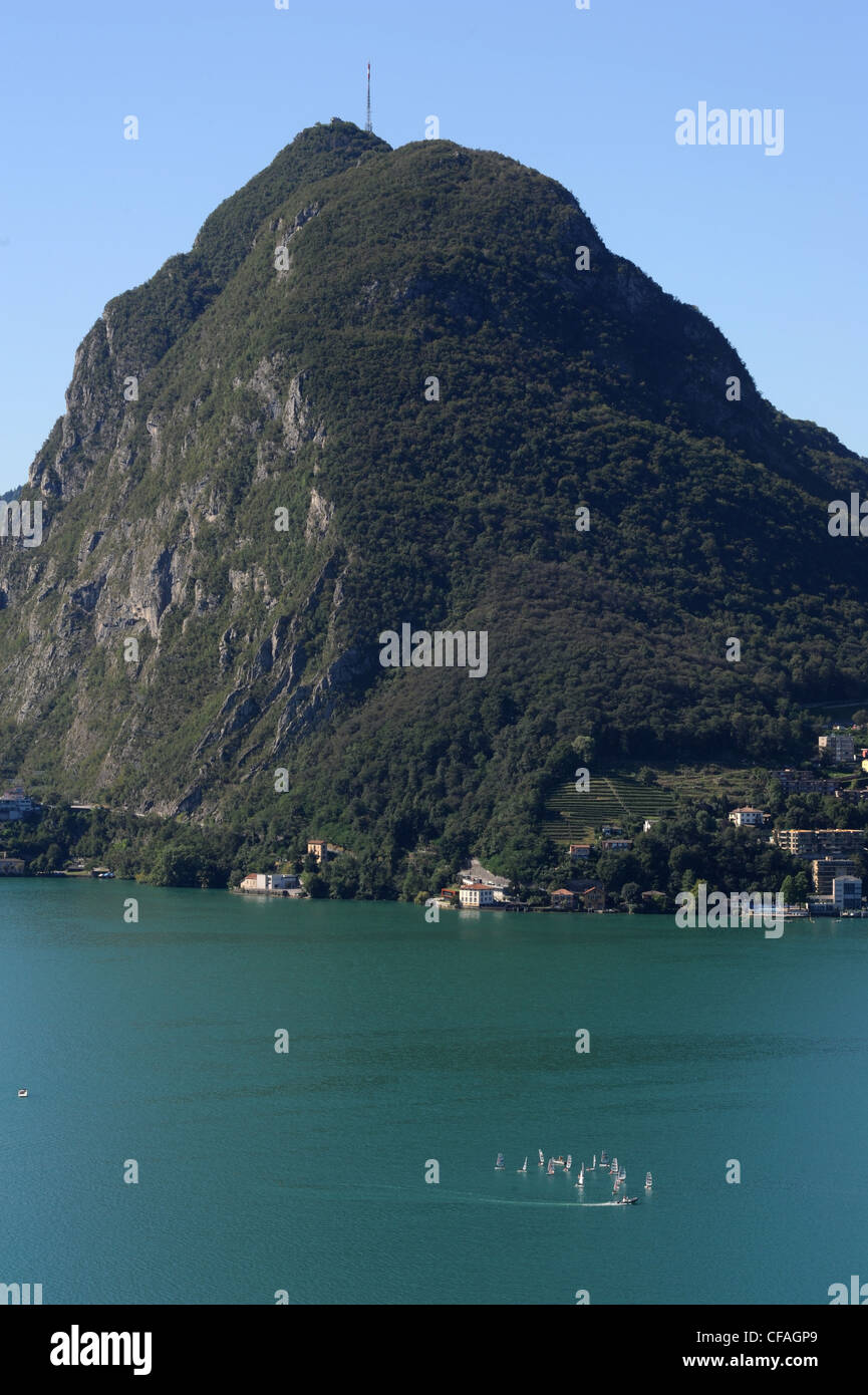 Switzerland, Europe, Ticino, Lugano, San Salvatore, mountain, boats, Lake Lugano, lake, Stock Photo