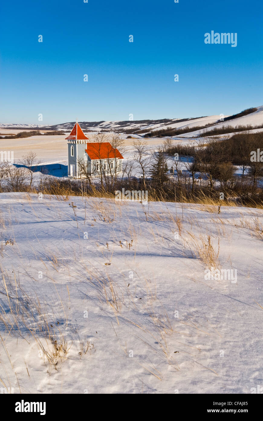 St. Nicholas Church in the snow, Qu'Appelle Valley, Saskatchewan, Canada. Stock Photo