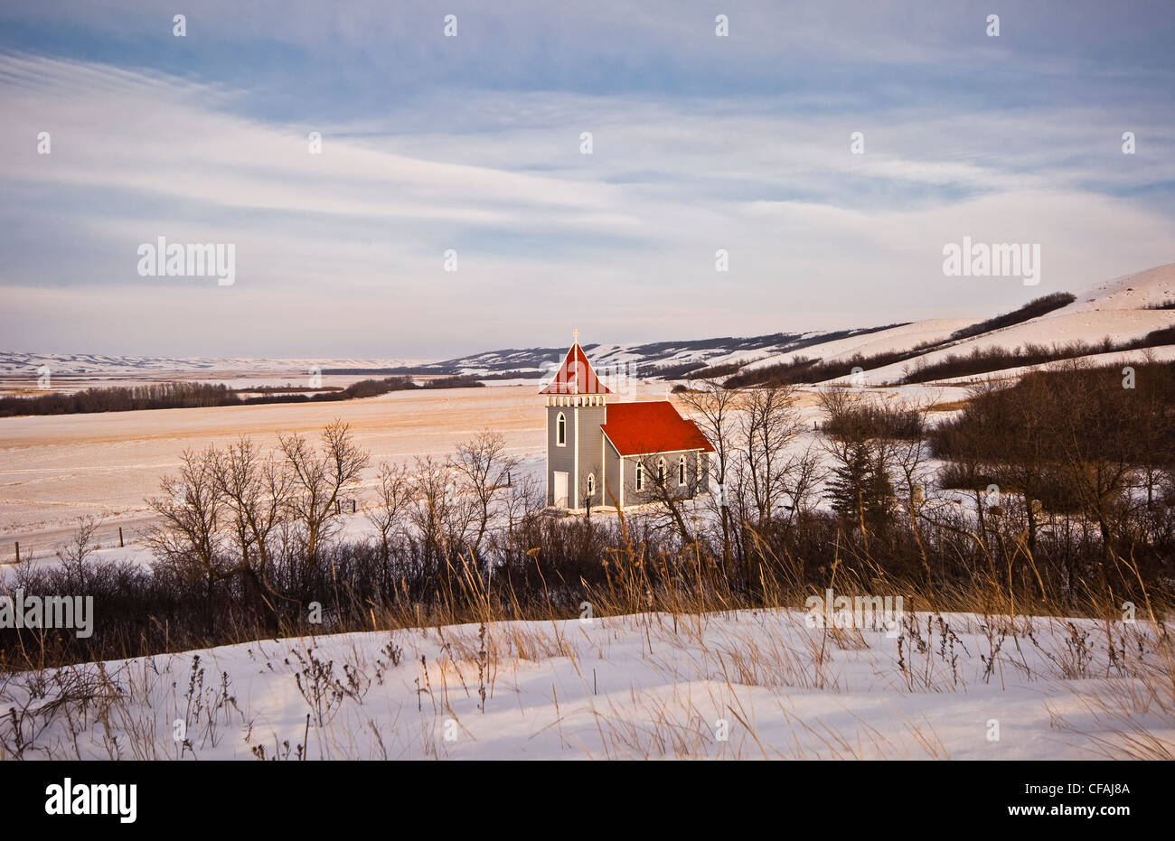 St. Nicholas Church in the snow, Qu'Appelle Valley, Saskatchewan, Canada. Stock Photo
