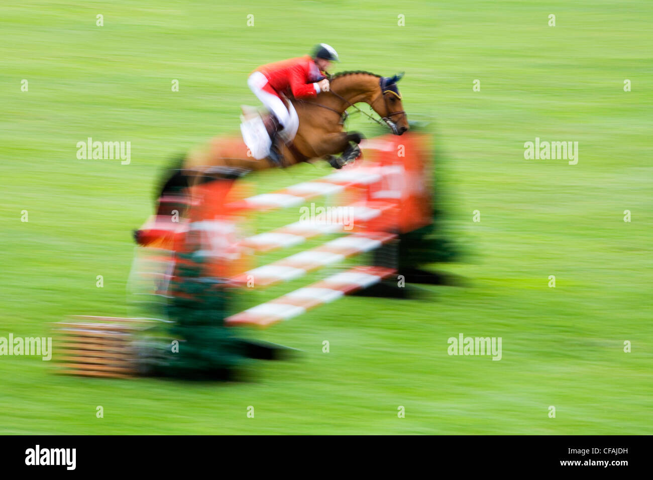 Horse and rider jumping over fence, International Ring, Spruce Meadows, Calgary, Alberta, Canada. Stock Photo