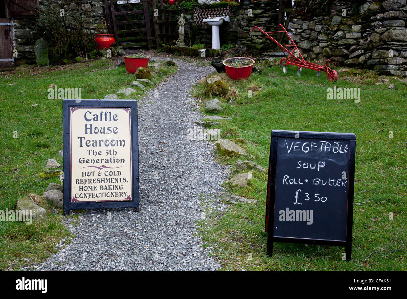 Caffle House Tearoom signs and a board at Watendlath near Keswick, Lake
