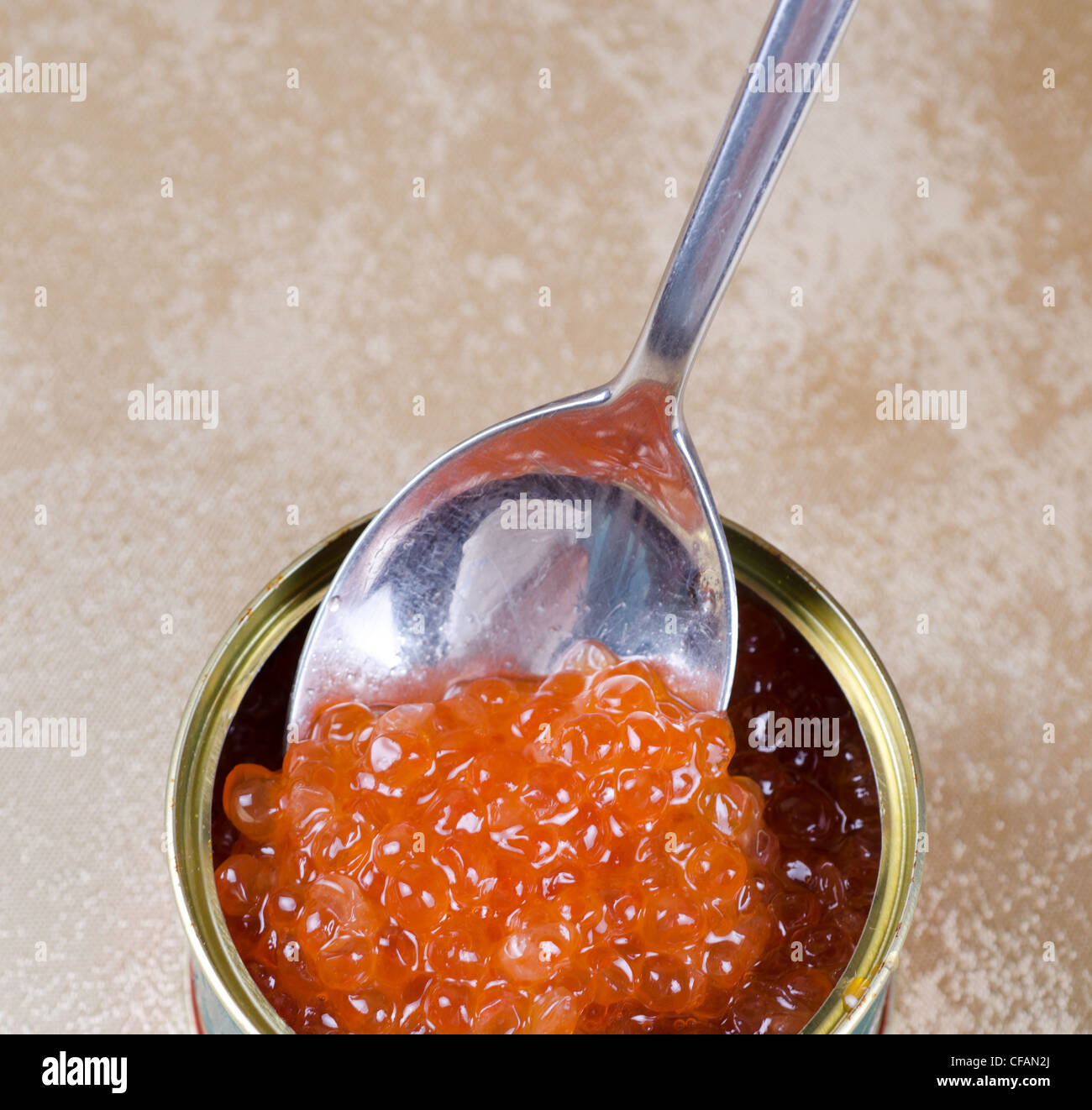 Canned salmon red caviar with spoon closeup Stock Photo Alamy