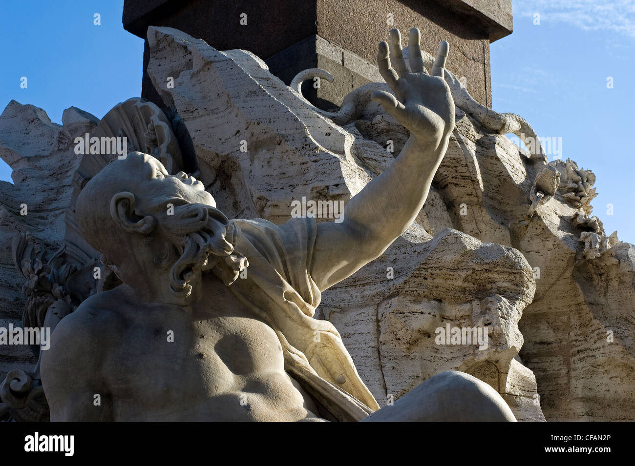 Detail of the Four Rivers Fountain, Piazza Navona, Rome, Latium, Italy Stock Photo