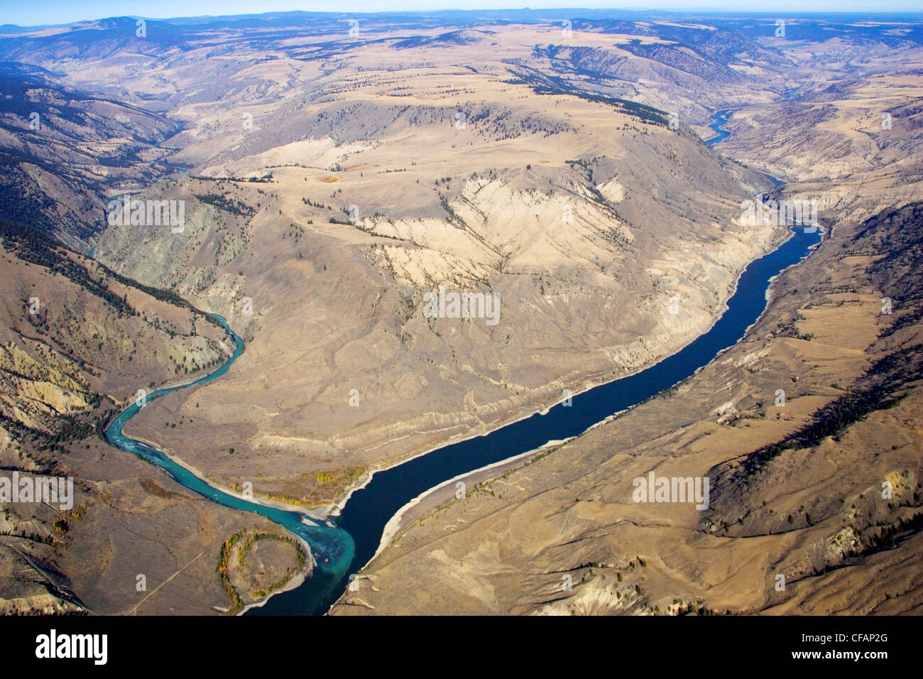 Aerial of the junction of the Chilcotin & Fraser Rivers in British Columbia, Canada Stock Photo