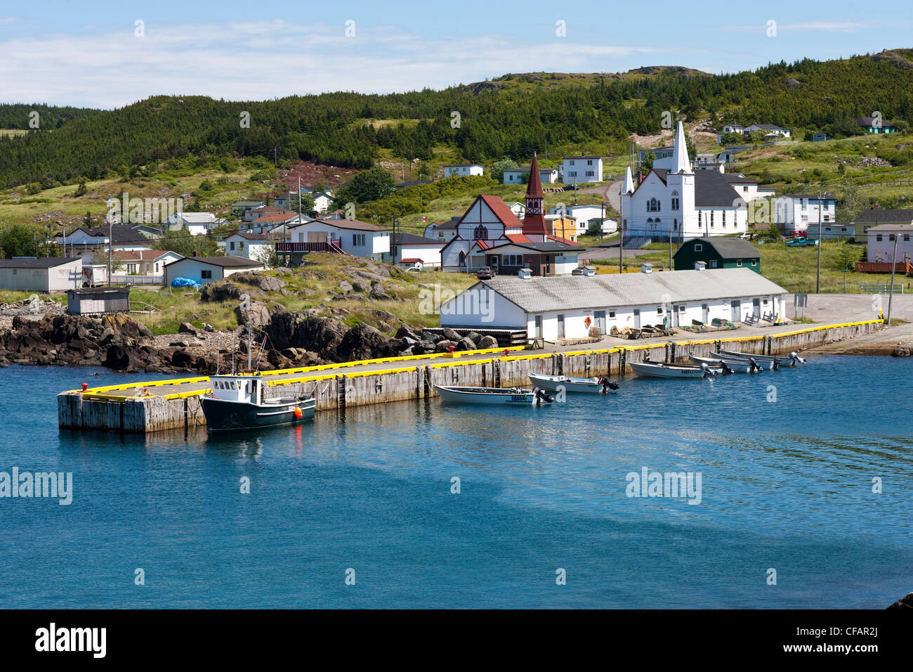 Fishing boats tied up at the wharf in Winterton, Newfoundland and Labrador, Canada. Stock Photo
