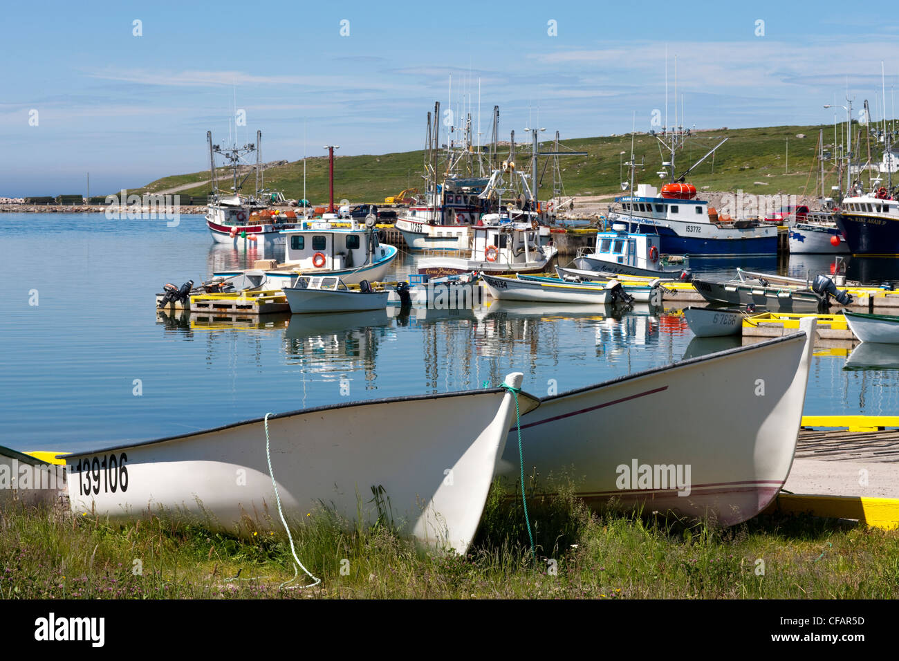 Fishing boats tied up at the wharf in Old Perlican, Newfoundland and Labrador, Canada. Stock Photo