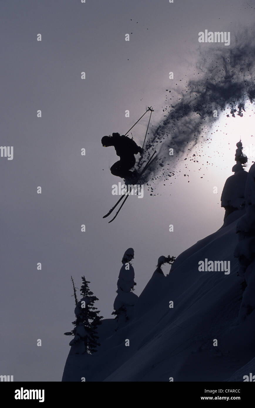 Airborne skier at Kicking Horse Resort, Golden, British Columbia, Canada Stock Photo