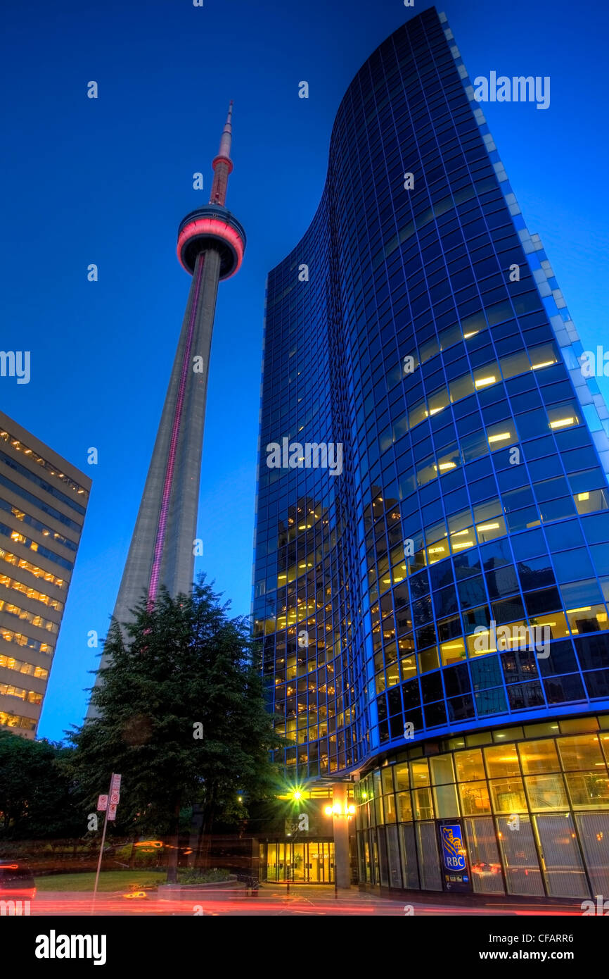 Low angle view of the CN Tower at dusk, Toronto, Ontario, Canada Stock Photo