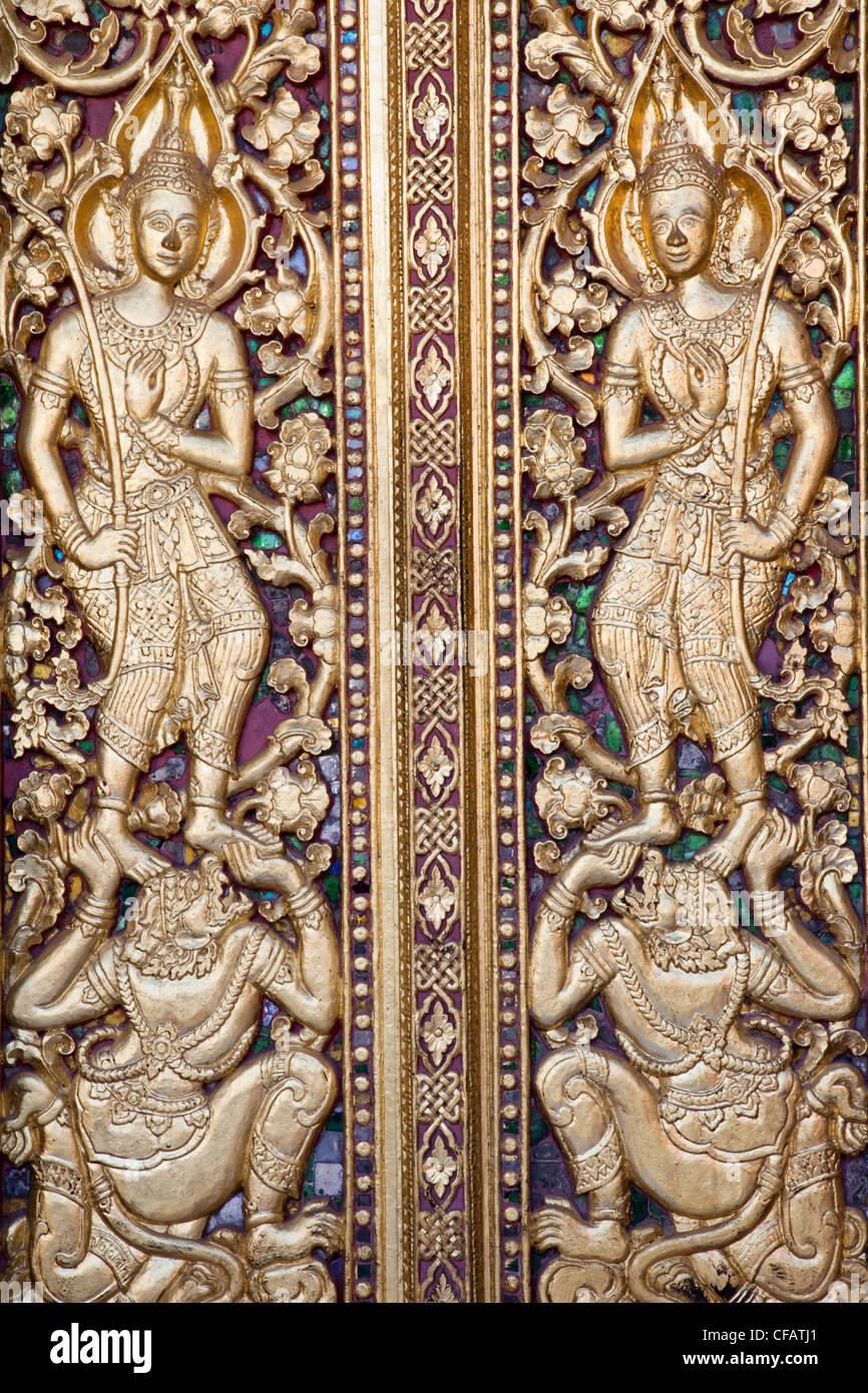 Laos, Luang Prabang, Wat Sensoukarahm, Main Prayer Hall Doorway Detail Stock Photo