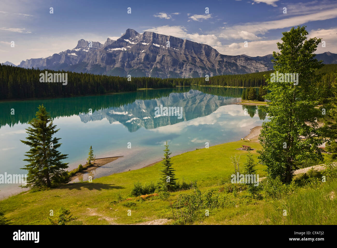 Two Jack Lake with mountain reflections along the Lake Minnewanka Loop Road  in Banff National Park, Alberta, Canada Stock Photo - Alamy