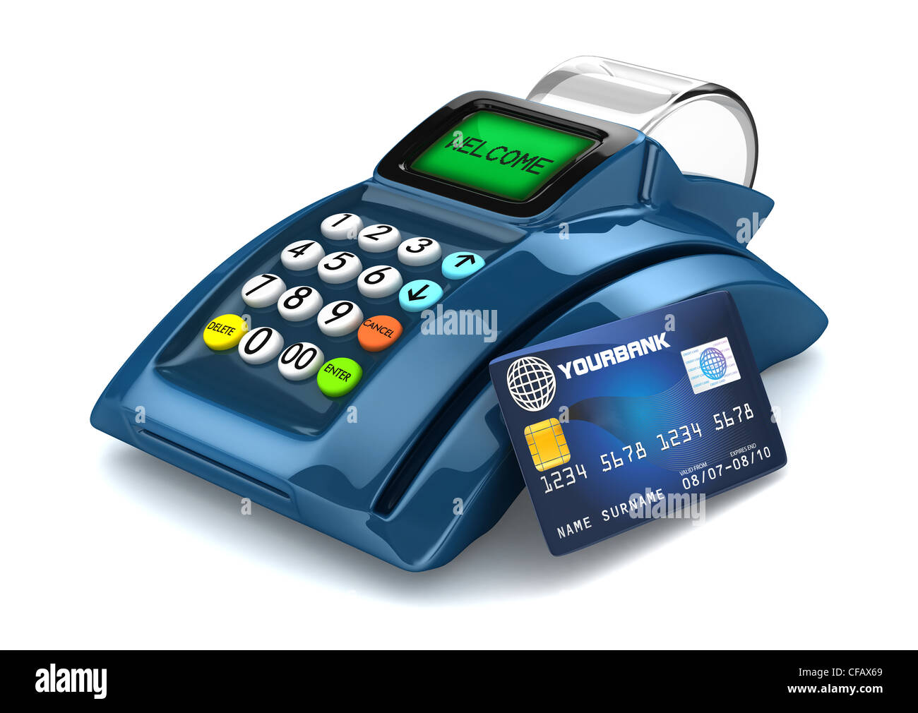 3D Blue POS-terminal with credit card Stock Photo