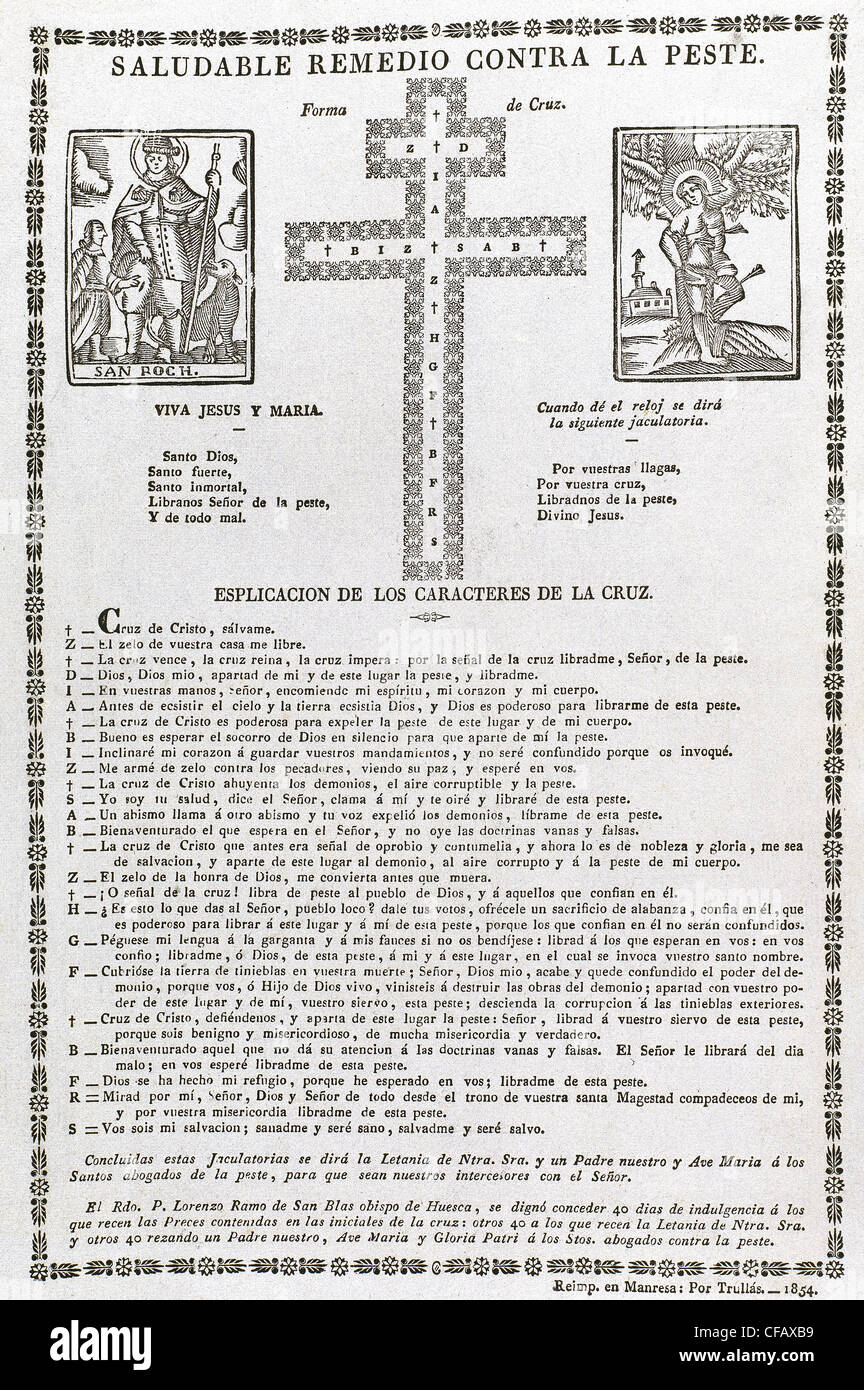 Verses against the plague, depicting Saint Roch, Saint Sebastian and a double cross for protection. 1854. Stock Photo