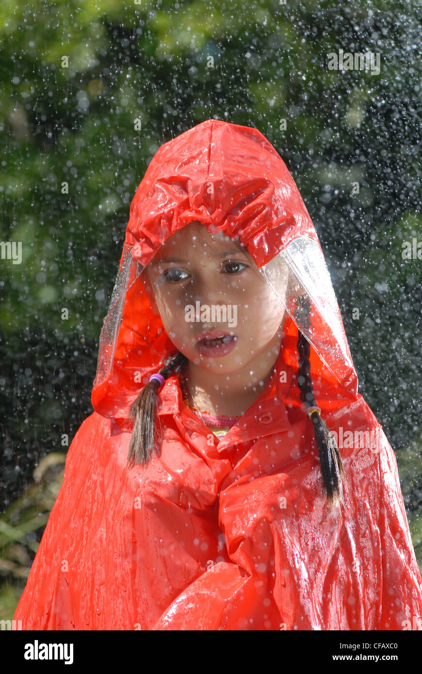 Rains, wetness, water, Autumn, fall, child, girl, orange, weather, rain protection Stock Photo