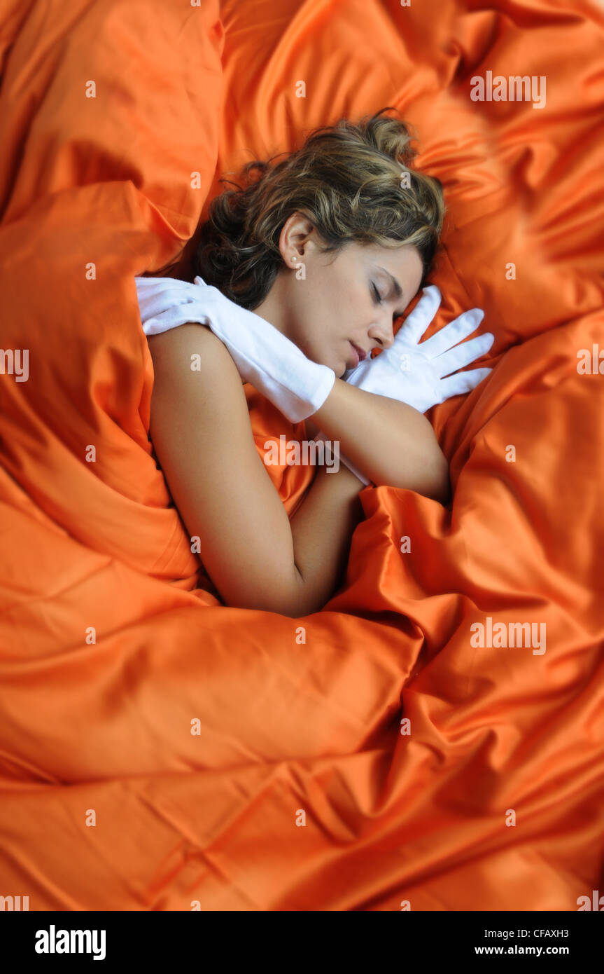 Gloves, bed, hand care, hands, skin, skin care, sleep, night, hands, hand, glove, scratch, protection Stock Photo