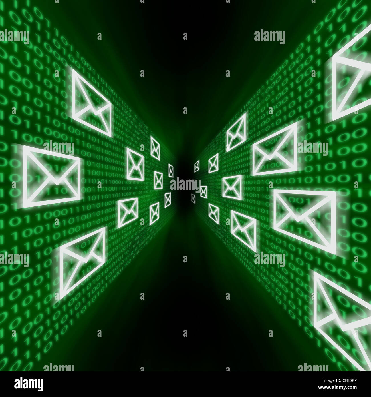 E-mail icons flying along walls of green binary code Stock Photo - Alamy