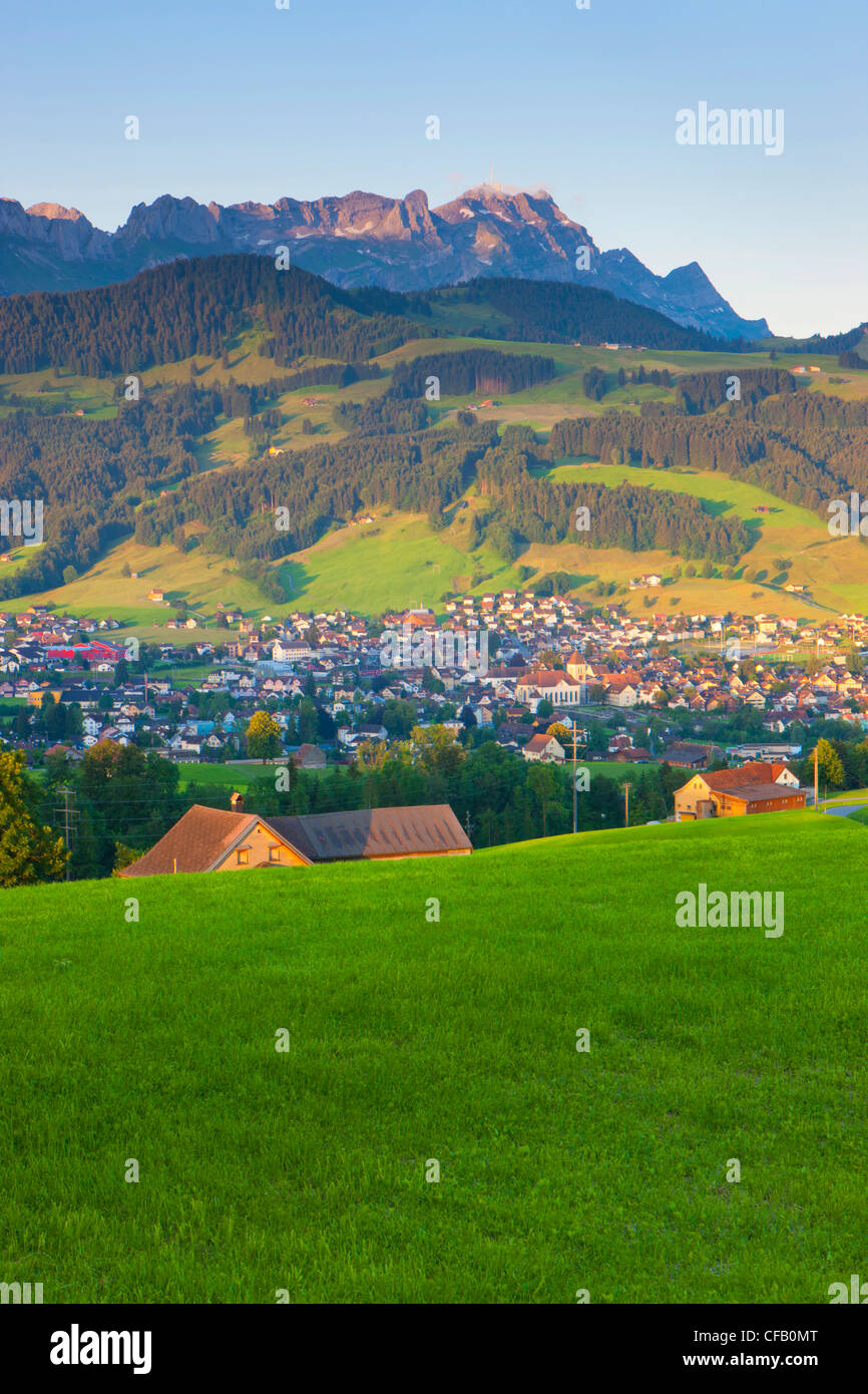 Appenzell, Switzerland, canton Appenzell, Innerrhoden, town, city, houses, homes, view point, mountains, Alpstein, morning light Stock Photo