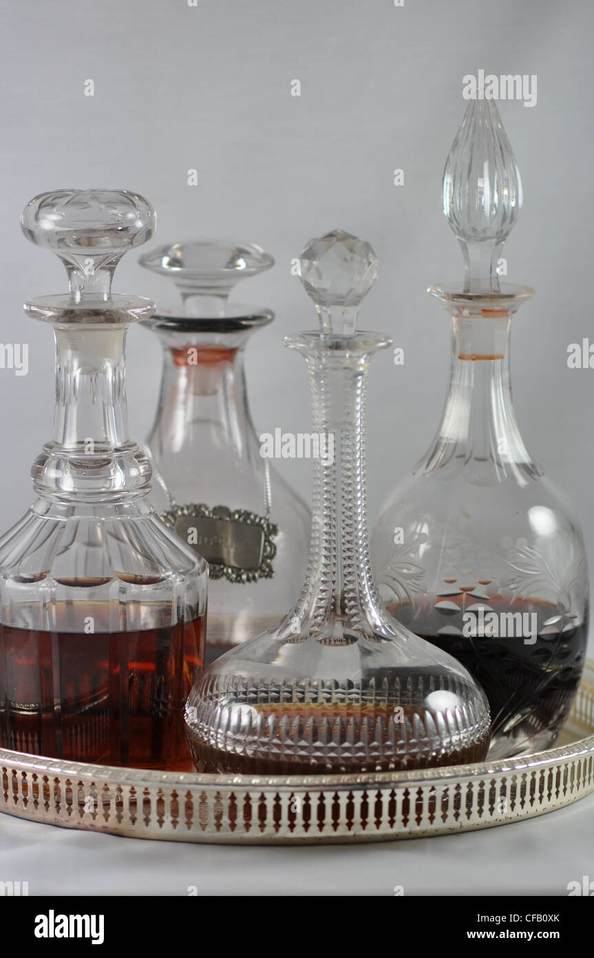 Glass decanters with spirits Stock Photo