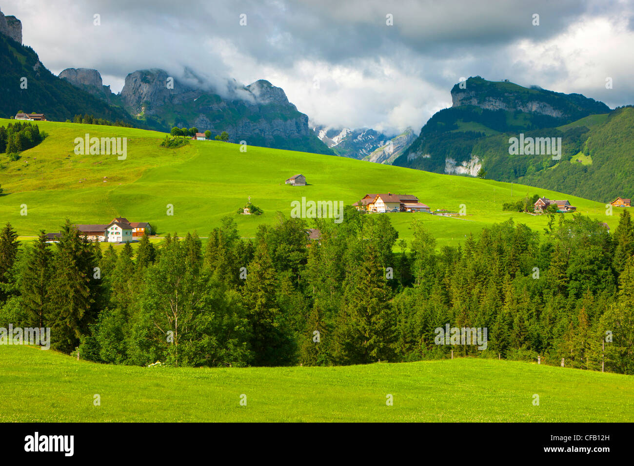 Brülisau, Switzerland, canton Appenzell, Innerrhoden, mountains, Alpstein, meadows, pastures, willows, houses, homes, farmhouses Stock Photo