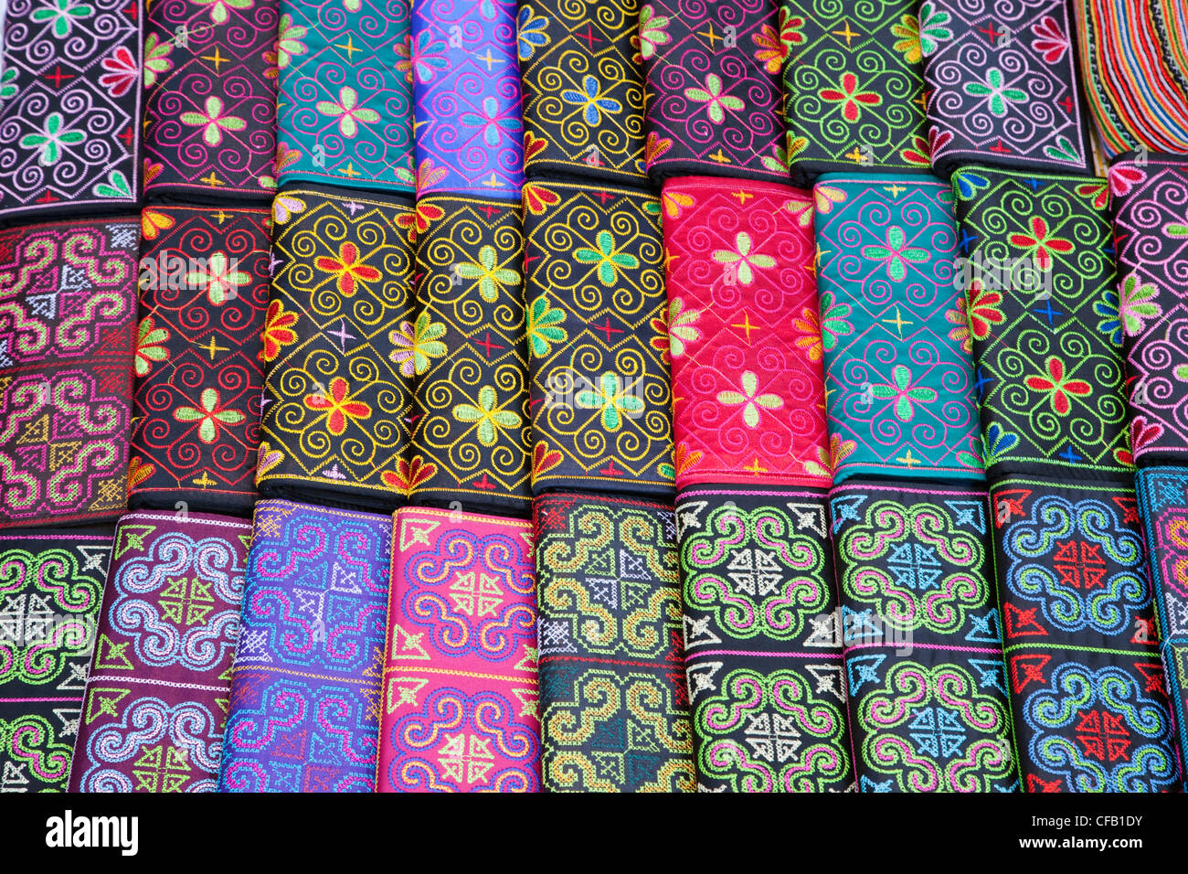 Laos, Luang Prabang, Ethnic Craft Night Market, Display of Silk Purses