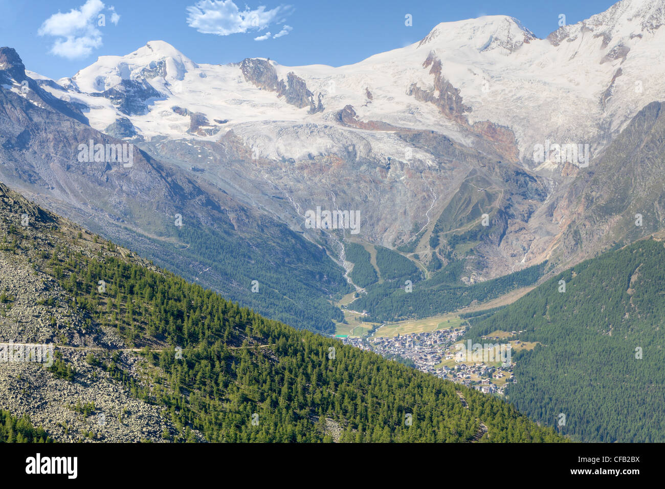 Alpine town of Saas Fee in Saas valley surrounded by high mountains, Vailais, Switzerland Stock Photo