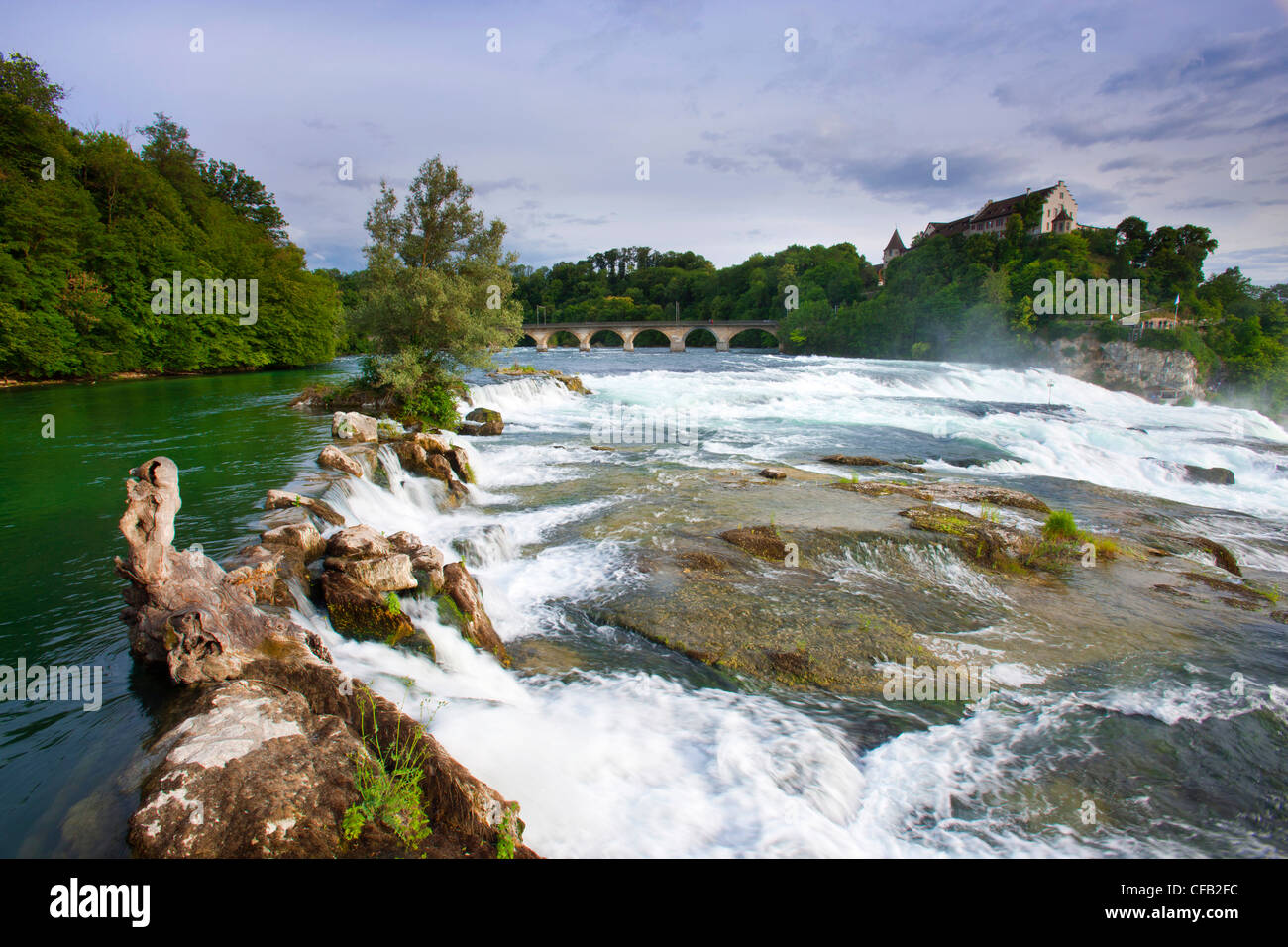 Rhine Falls, Switzerland, canton Schaffhausen, canton Zurich, river, flow, Rhine, waterfall, river island, castle, Laufen, bridg Stock Photo
