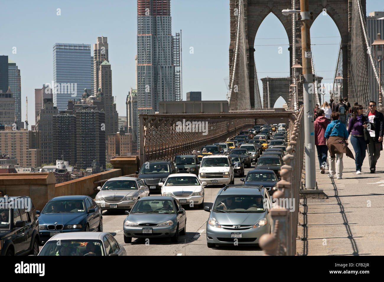The Brooklyn Bridge in New York City has separate levels for traffic ...