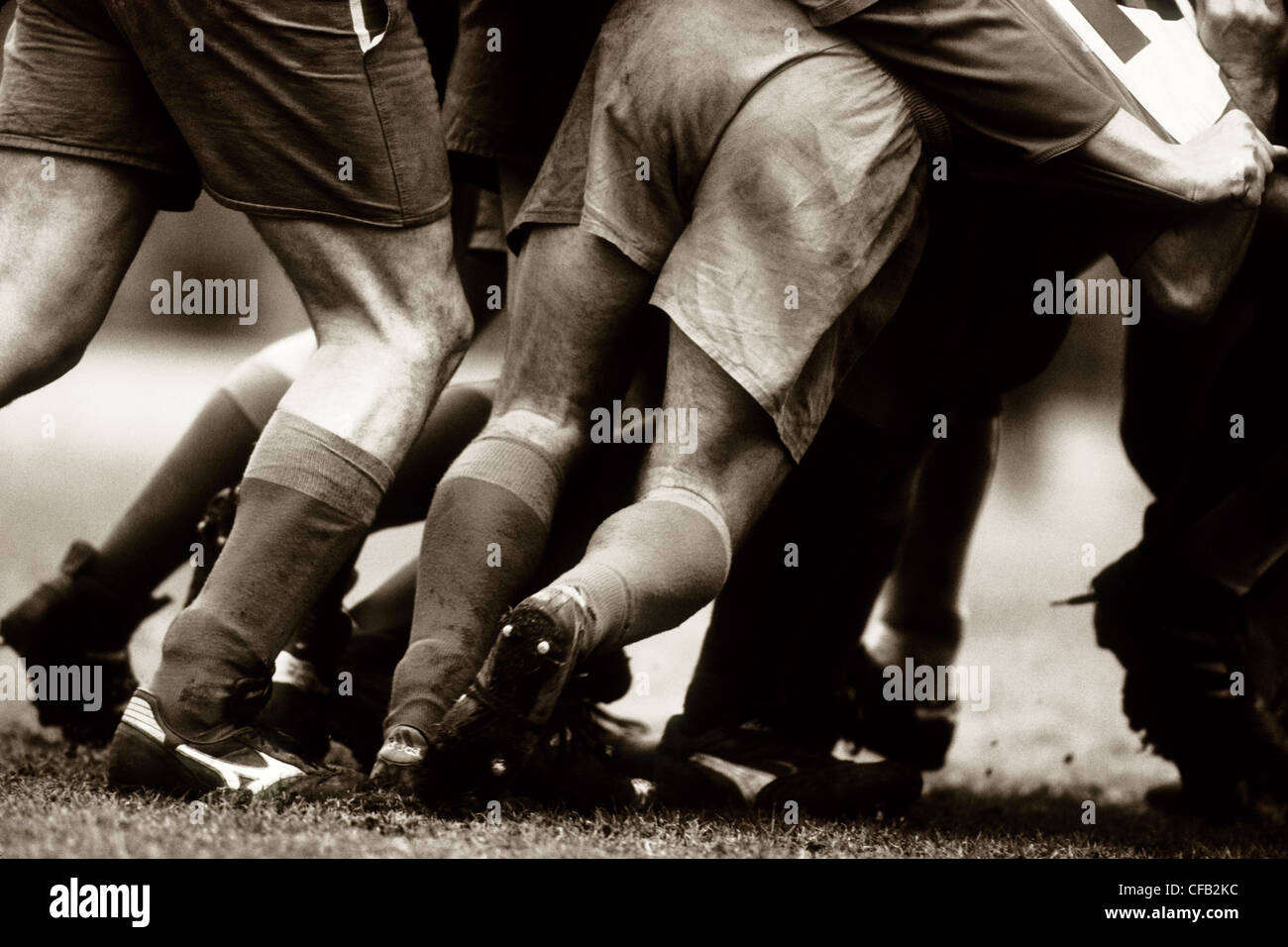 Detail of feet of a group of rugby players in a scrum Stock Photo Alamy