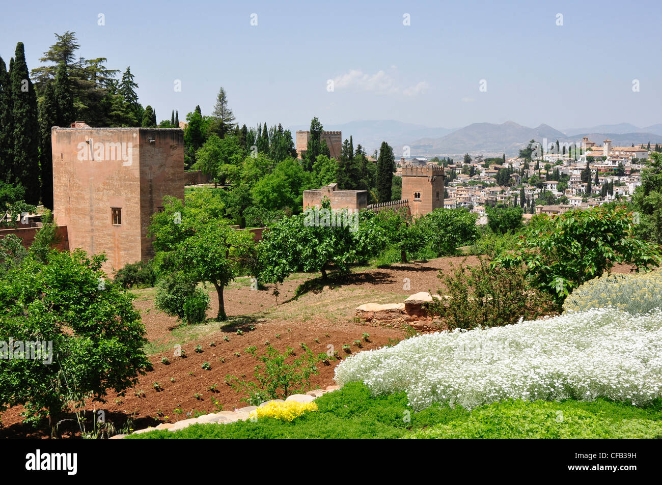 Spain - Andalucia - Granada - view over the gardens of the Alhambra Palace - backdrop of Granada old town and mountains beyond Stock Photo