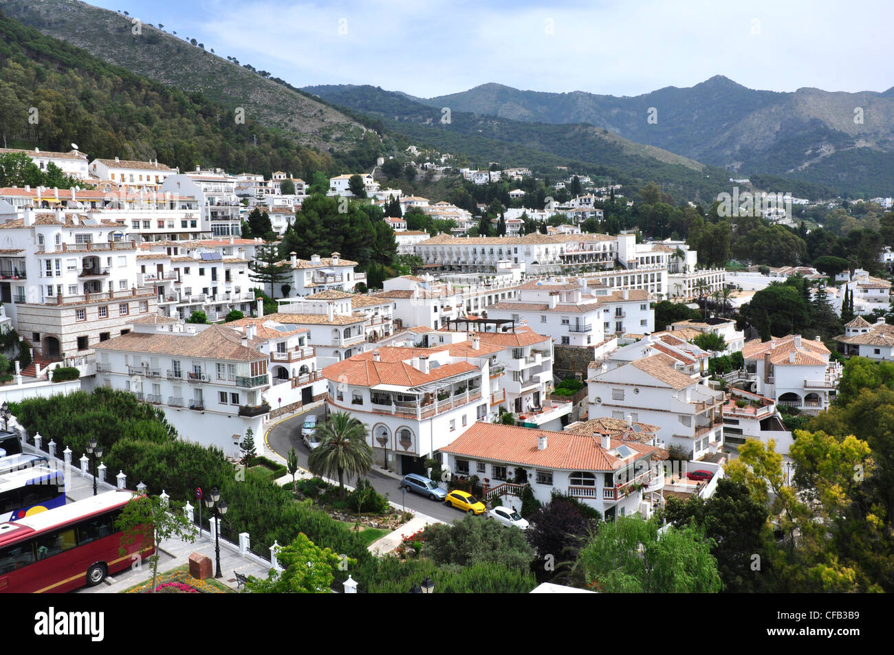 Spain - Andalucia - view over Mijas village - mountain backdrop - Costa del Sol Stock Photo