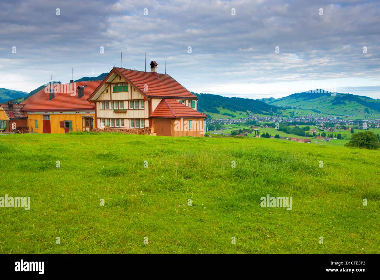 Steinegg, Switzerland, canton Appenzell, Innerrhoden, meadow, house, home, farmhouse, clouds, Stock Photo