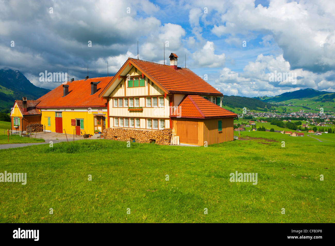 Steinegg, Switzerland, canton Appenzell, Innerrhoden, meadow, house, home, farmhouse, clouds, Stock Photo