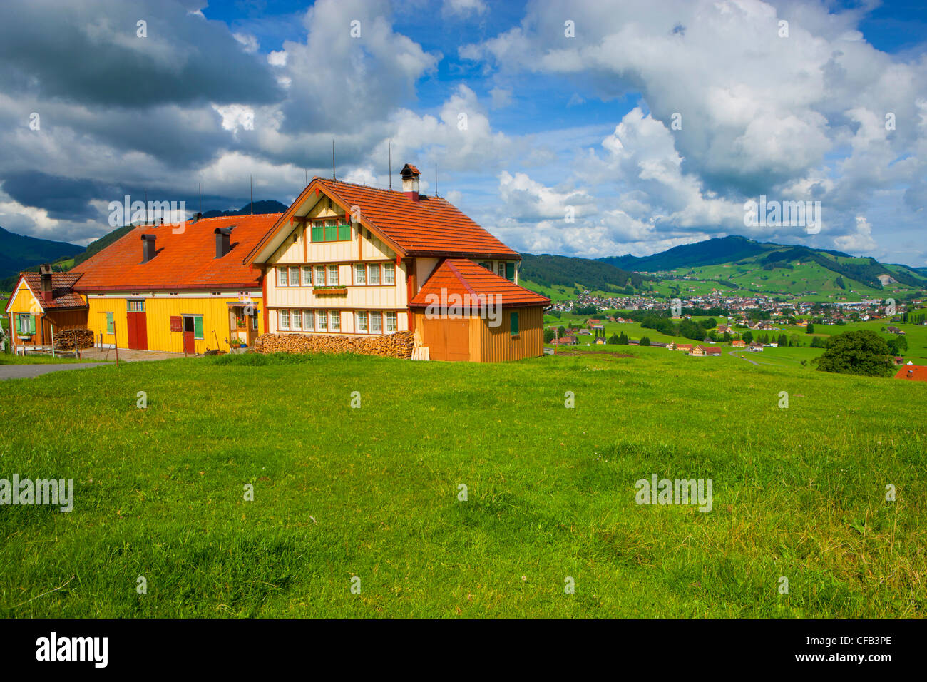 Steinegg, Switzerland, canton Appenzell, Innerrhoden, meadow, house, home, farmhouse, clouds, Stock Photo