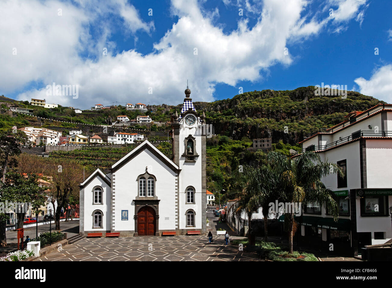 Europe, Portugal, Republica Portuguesa, Madeira, Ribeira Brava, Rua Dos Camachos, local view, church, Nossa Senhora de Fatima, a Stock Photo