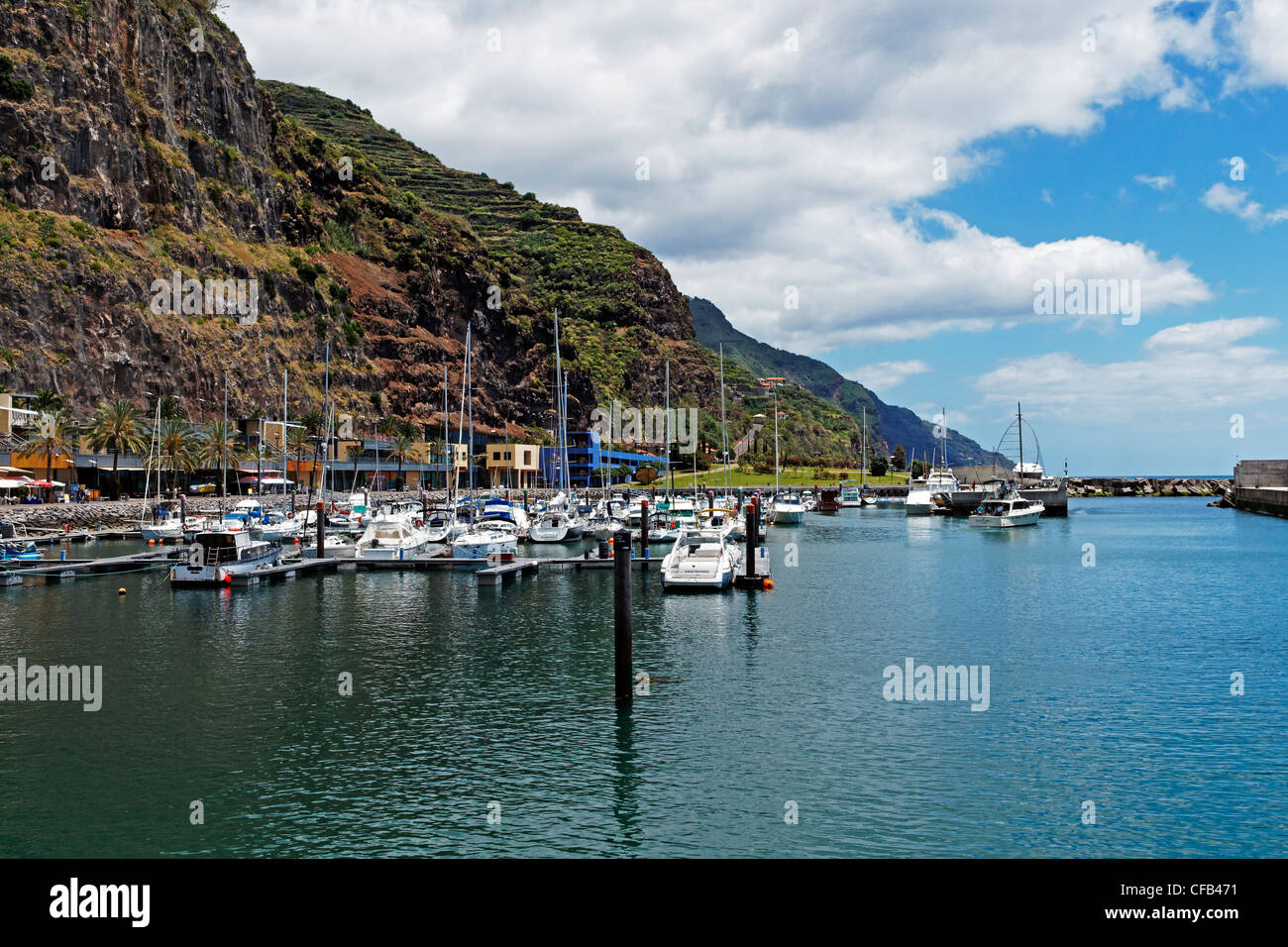 Europe, Portugal, Republica Portuguesa, Madeira, Calheta, Vila da Calheta, harbour view, Marina, coast, tourism, water, sea, pla Stock Photo