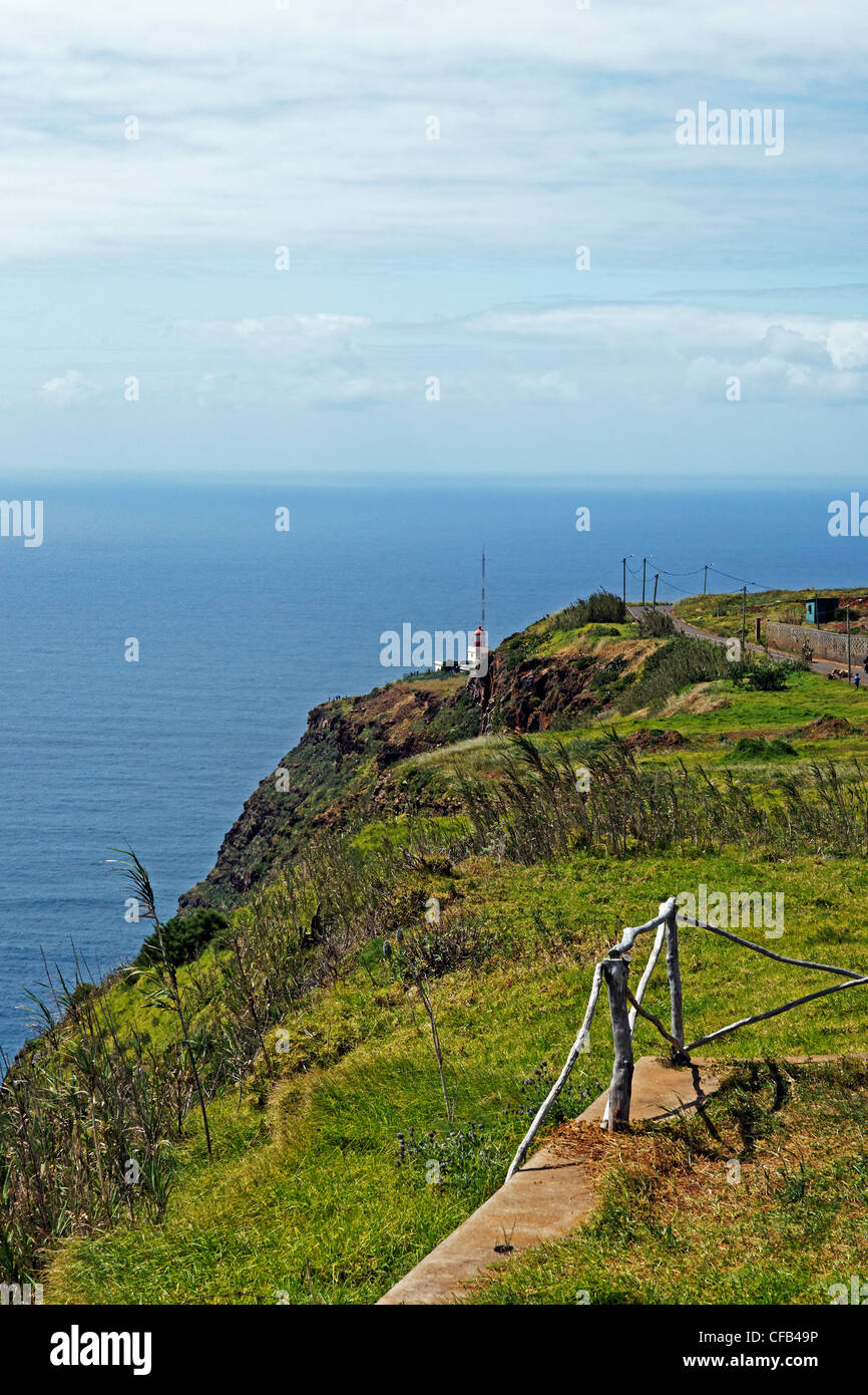 Europe, Portugal, Republica Portuguesa, Madeira, Ponta do Pargo, lighthouse, steep coast, plants, buildings, constructions, scen Stock Photo