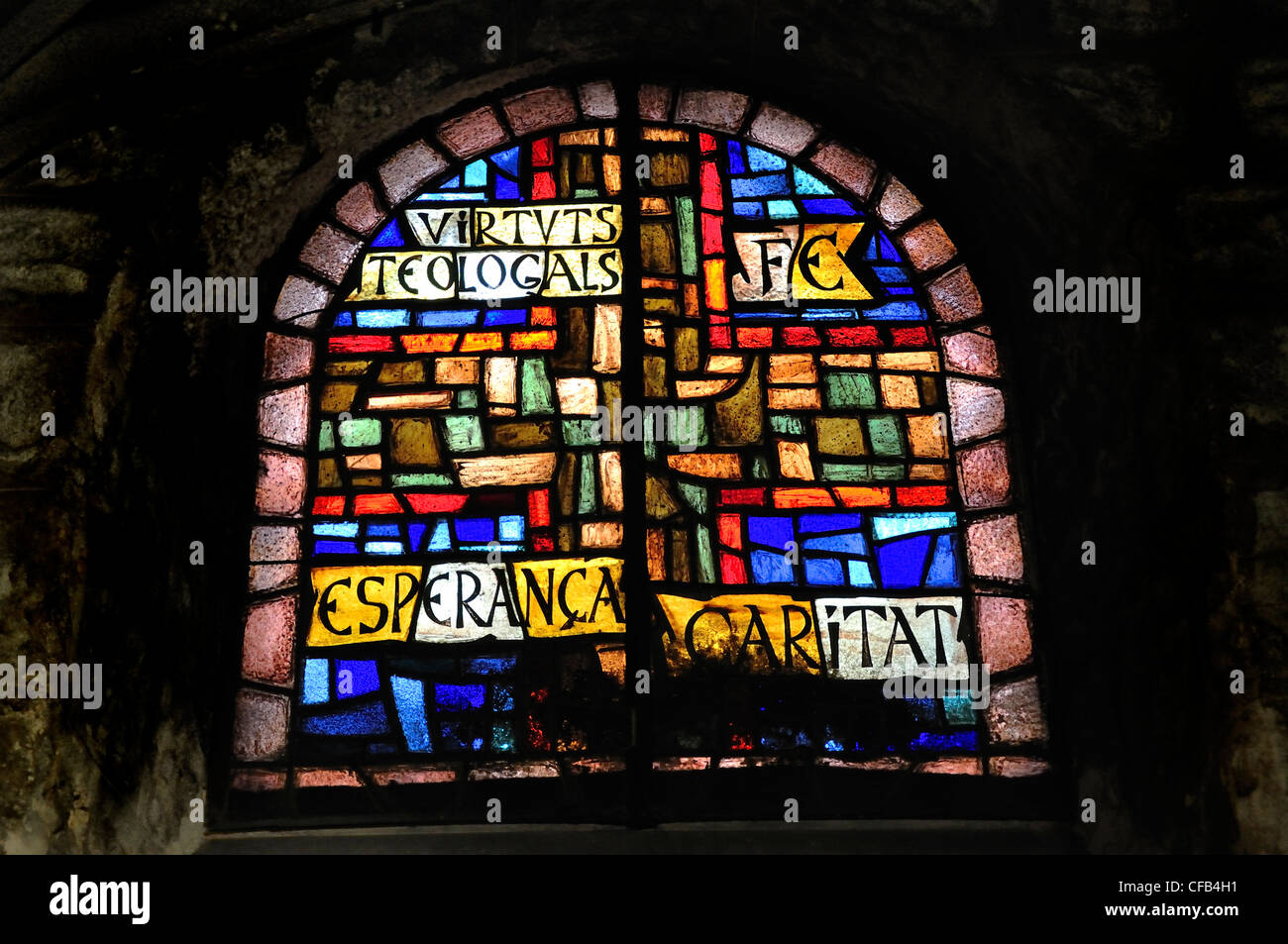 Barcelona, Spain. Church of St Jaume / Esglesia de Sant Jaume on Carrer de Ferran. Stained Glass Window Stock Photo