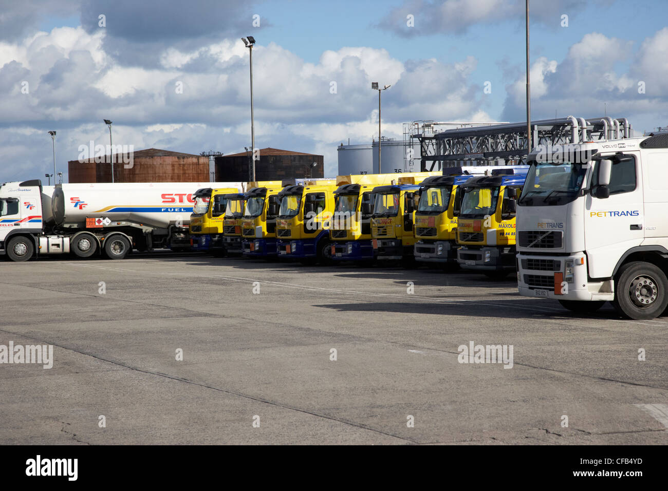row of petrol and fuel tankers in oil storage terminal Belfast harbour