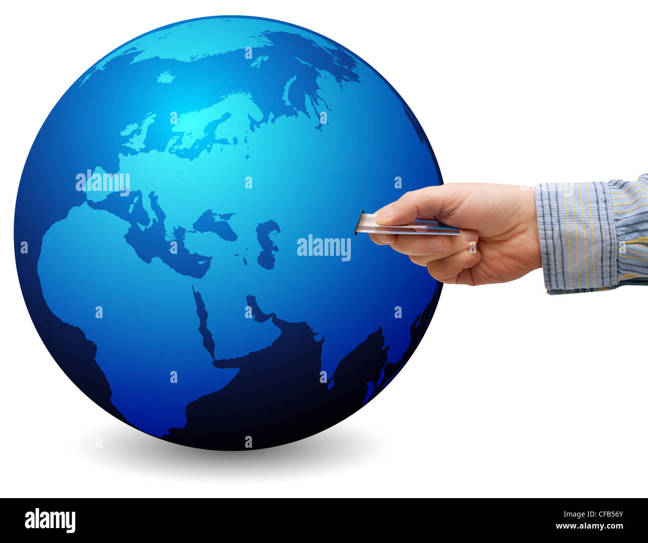 E-Commerce: Mans Hand With Credit Card and Globe with Map of World ...