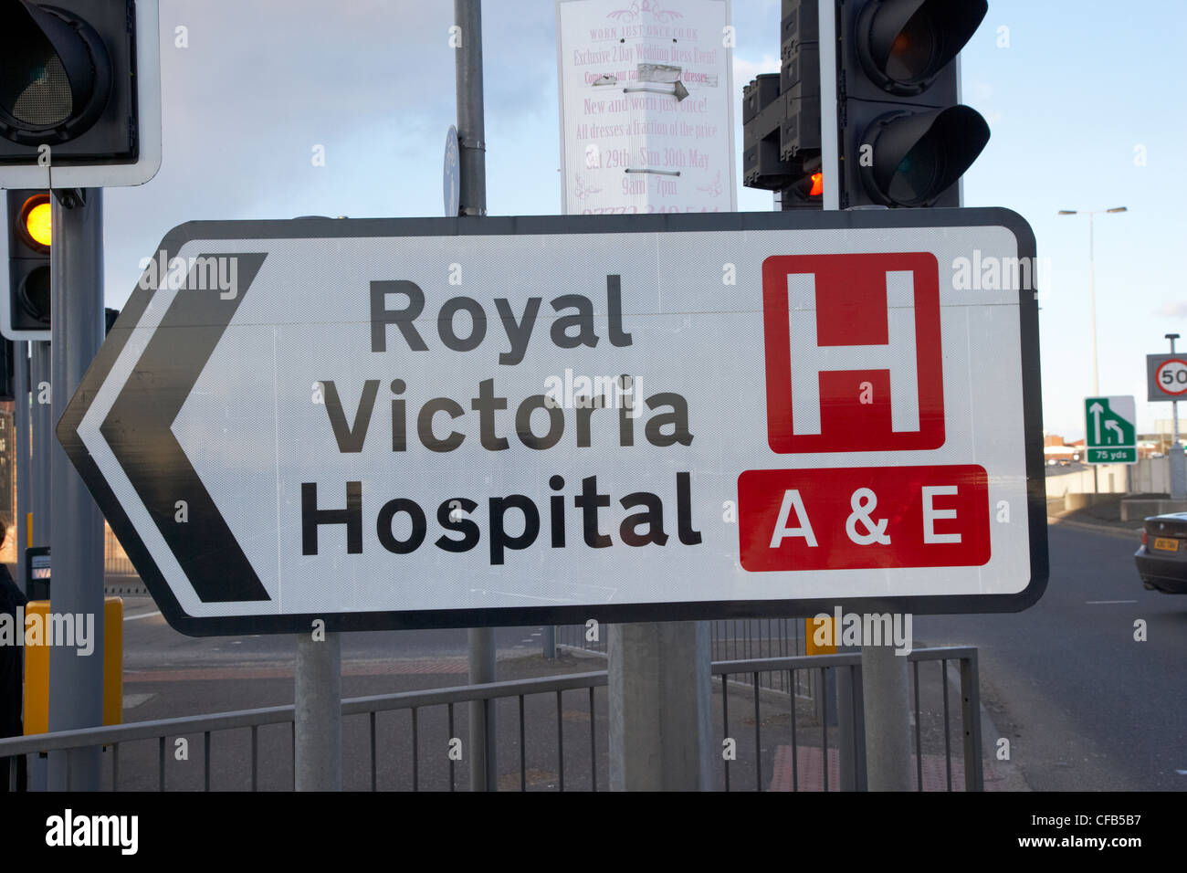 signpost for the royal victoria hospital A&E Belfast Northern Ireland UK Stock Photo