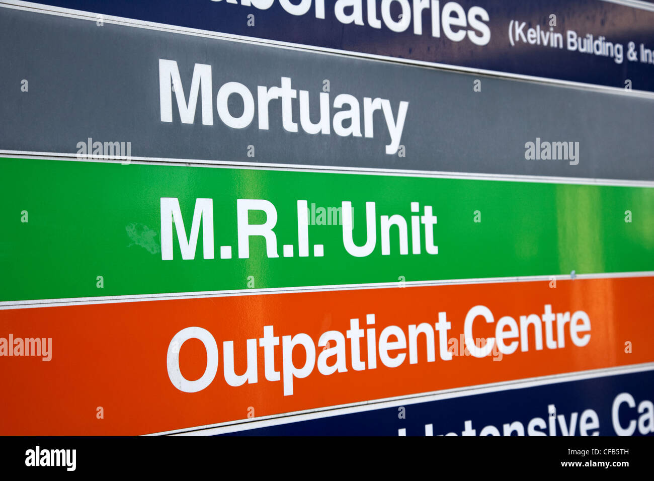 mortuary mri unit and outpatient centre departments nhs hospital direction signs signpost Belfast Northern Ireland UK Stock Photo