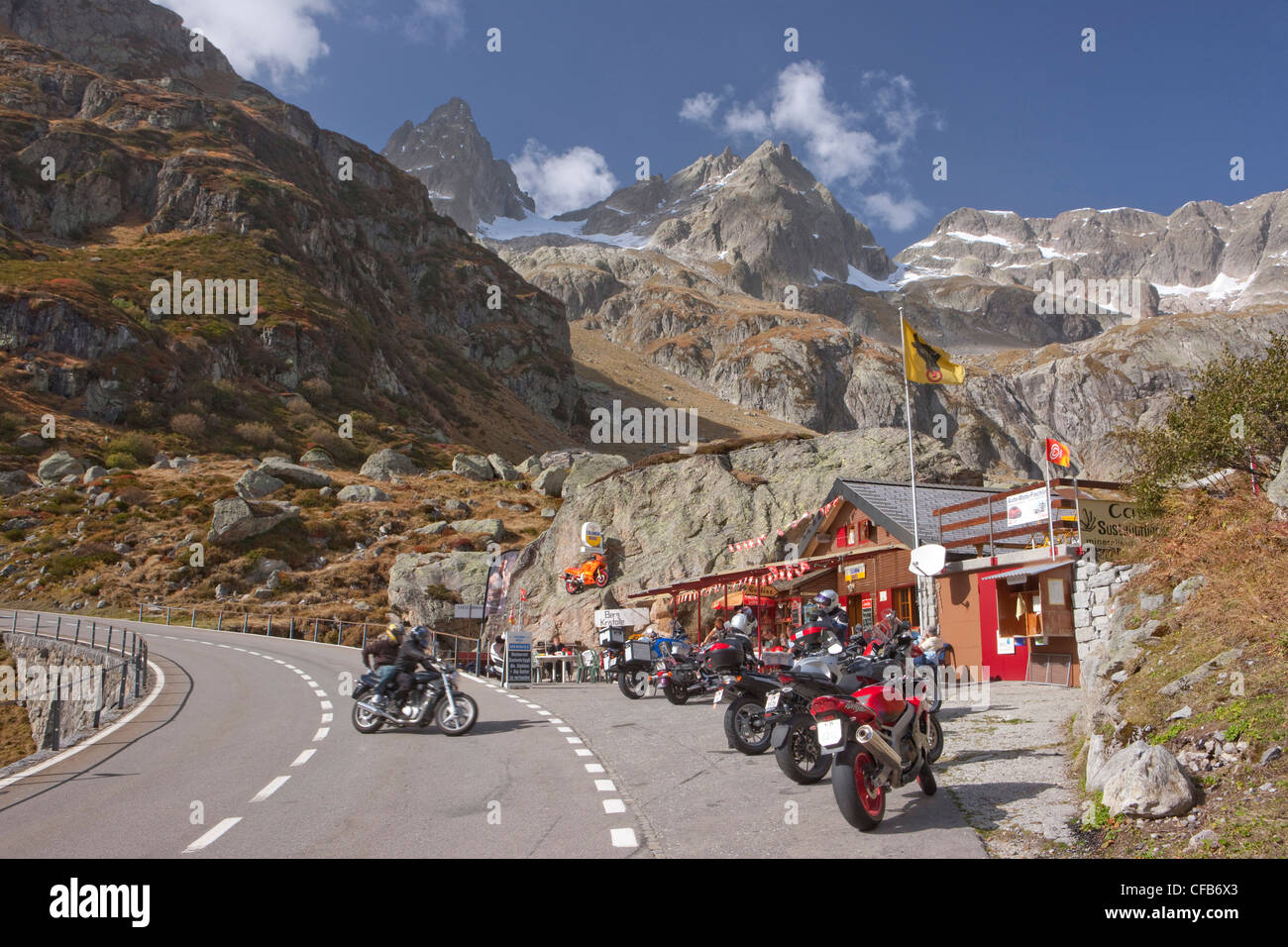 Mountain, mountains, autumn, Uri, Switzerland, Europe, traffic, transport, Susten, Pass, Meiental, street, biker, restaurant, mo Stock Photo