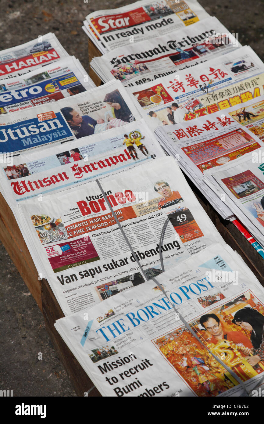 Newspaper stand in Kuching, Borneo, Malaysia Stock Photo
