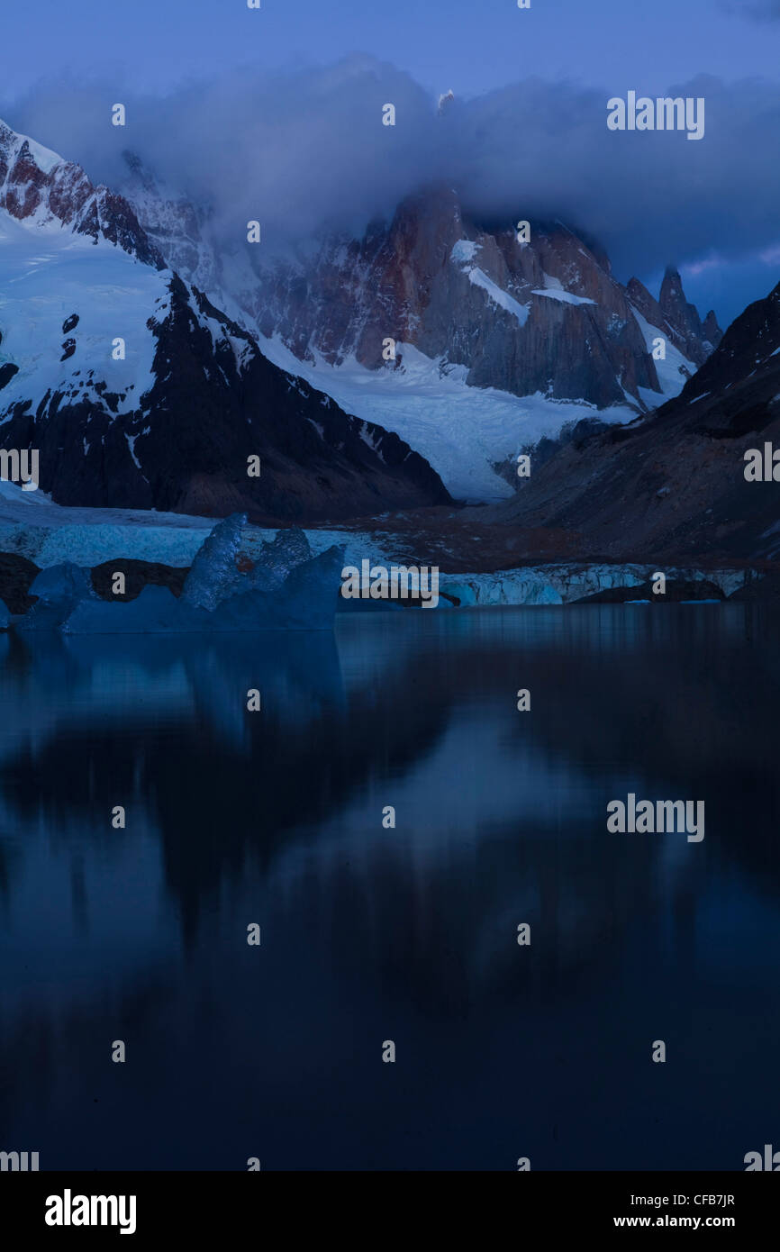 South America, Patagonia, Argentina, mountain, Cerro Torre, Cerro Egger, summit, peak, peaks, lake, Lago Torre, in, evening Stock Photo