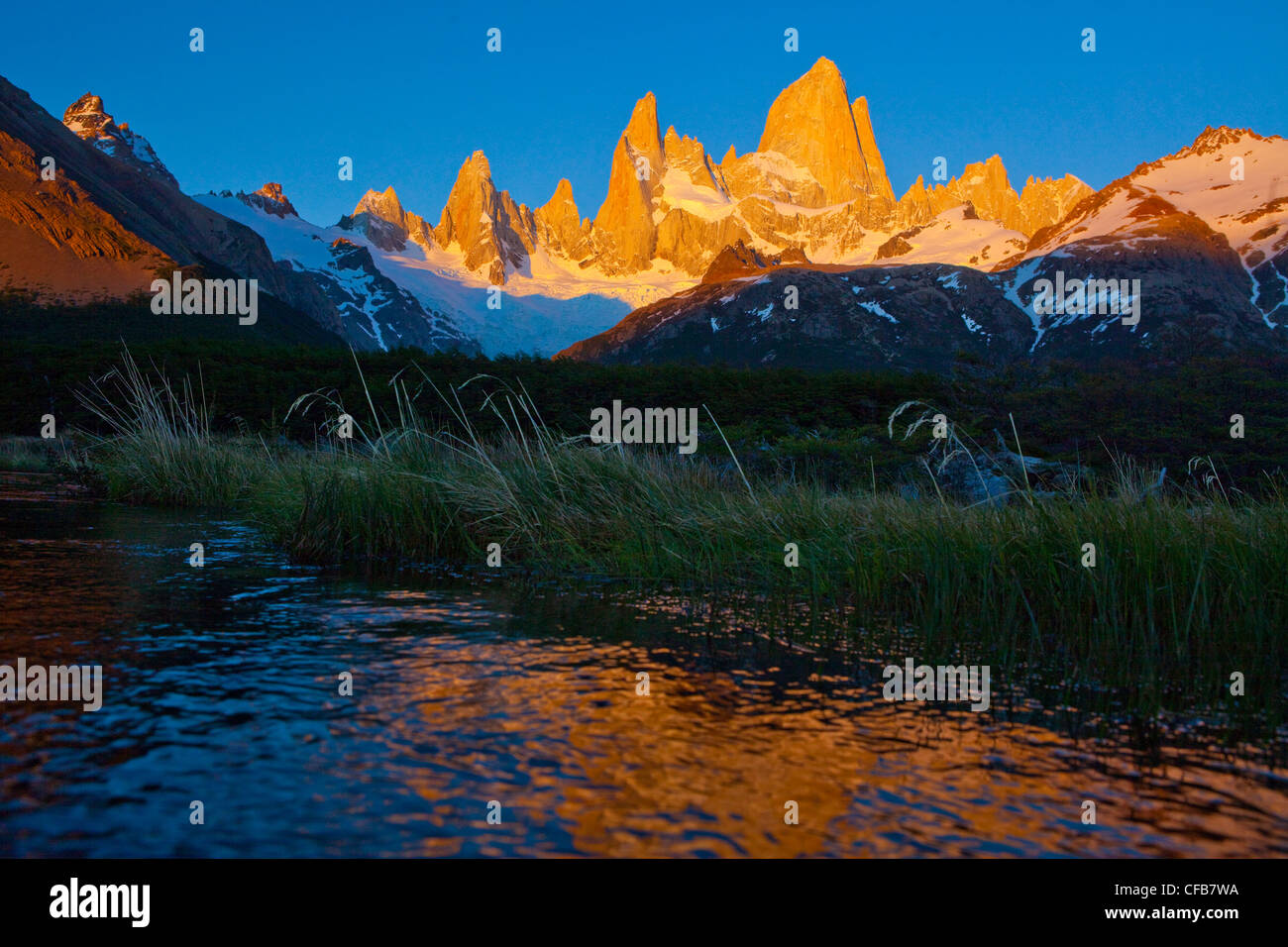 South America, Patagonia, Argentina, El Chalten, mountain, Fitz Roy, river, flow, Rio Blanco, summit, peak, peaks, Stock Photo